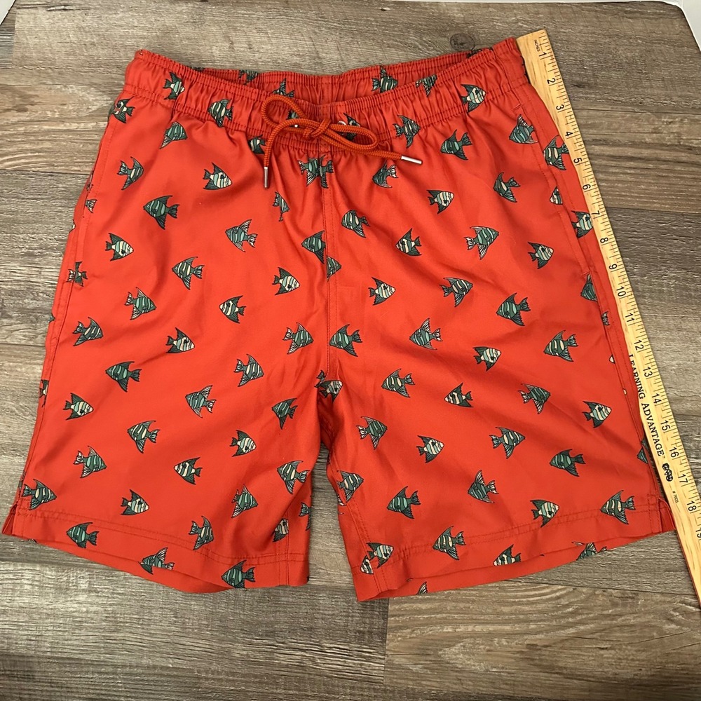 Mens Orange Fish Print Swim Trunks Drawstring Board Shorts Size Small